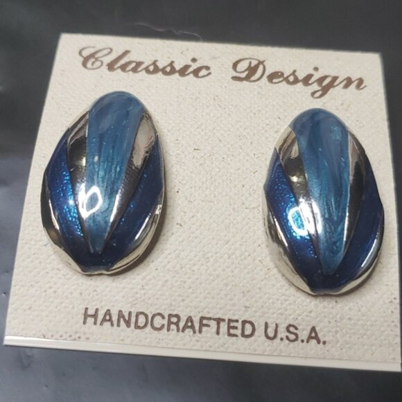 Classic Design Clip On Earrings, Blue Enamel/Silver Tone, Handcrafted U.S.A - Picture 1 of 4